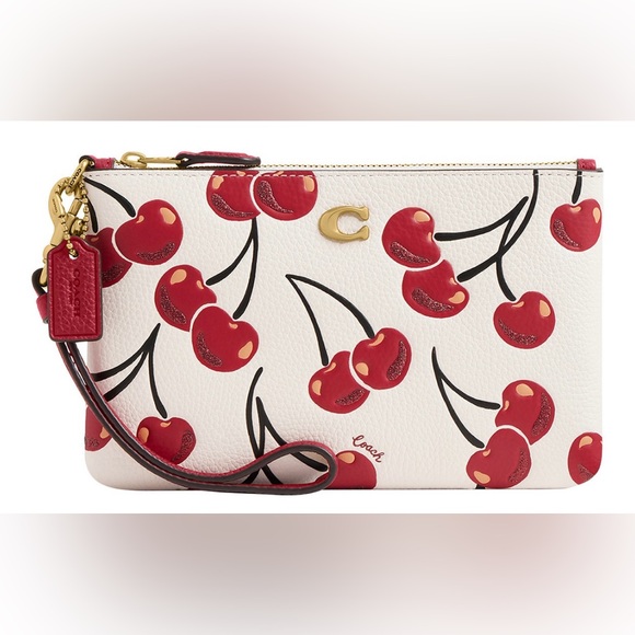 COACH Chalk Leather Cherry Embossed Wristlet in Gift Box - Picture 2 of 4